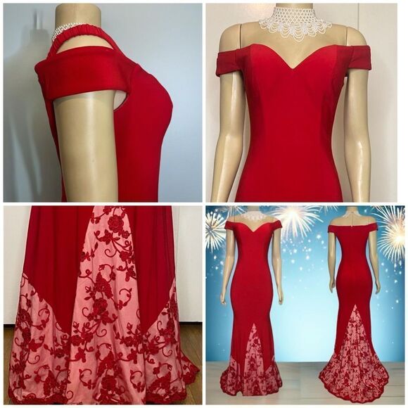 Red Rose Embroidered Lace Mermaid Gown by Cinderella Divine Size 6 - Picture 6 of 14